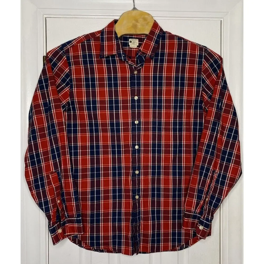 Tailored By J Crew Mens Long Sleeve Button Front Shirt Red Blue Plaid Large‎